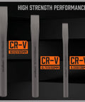 HORUSDY 3-piece Cr-V cold chisel set front view with orange CR-V labels; sizes 16x12x165mm, 12.7x11x150mm, 9.5x8x138mm