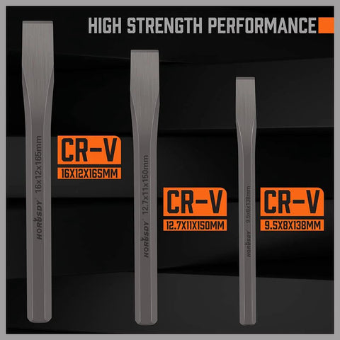 HORUSDY 3-piece Cr-V cold chisel set front view with orange CR-V labels; sizes 16x12x165mm, 12.7x11x150mm, 9.5x8x138mm