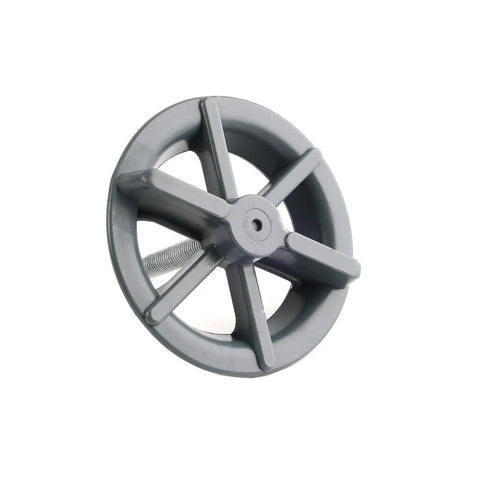 Close-up of Replacement Spare Tire Hold Down Bolt Retainer Clamp Screw for Hyundai, showing grey wheel design and threaded bolt.