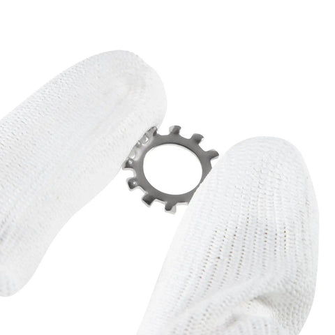 Gloved hand holding lock washer from Six Pack MKP 10 Prop And Nut Kit B For Half Inch Prop Shafts Fits Four Inch Diameter Trolling Motors