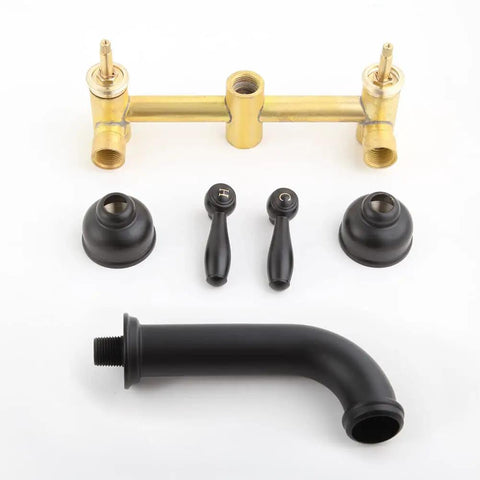Brushed Nickel Tub Faucet With Wall Mounted Spout 3-Hole High Flow Tub Filler 2-Handle Valve And Trim Kit components displayed