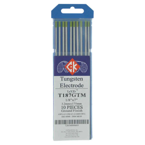 LaYZr Tungsten Electrode One Eighth Inch By Seven Inch, Ten Pack For Pro Grade Smooth Automated Robot Welding On AC And DC, Chartreuse Layzr EWG With Lanthanum Zirconium Yttrium Oxides
