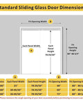 Standard sliding glass door dimensions chart with panel widths and heights for openings 48" to 72" and heights 80" to 80 3/4"