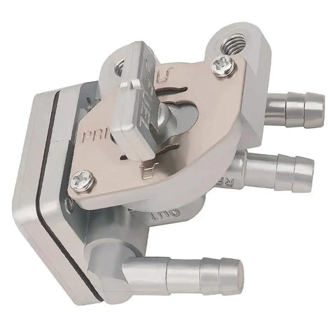 Fuel Valve Petcock Shut Off Gas Tank Switch For Route 66 XV250 Virago 250 XV250 V Star 250 XV250 Replacement Replaces OEM 2UJ-24500-10-00 2UJ-24500-00-00 1JK-24500-00-00 OEM Standard Quality Easy Install, showcasing metal construction and connector outlets, angled view.