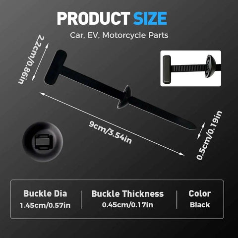 Heavy Duty Nylon Universal Cable Tie Buckle For Cars size details with measurements in black, shown against dark background.