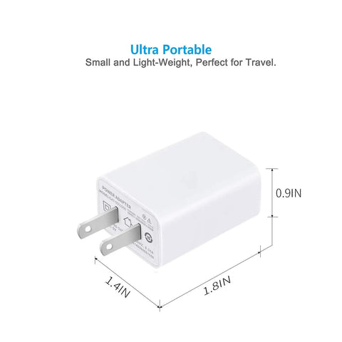 USB Wall Charger 5V 2A Fast Charging Plug For iPhone iPad Samsung Kindle And More, side view, white, dimensions shown