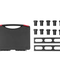 Dead Nuts Heavy Duty Aluminum Woodworking Planing Stop Set For Mft Workbench, includes ten black clamps and carrying case.