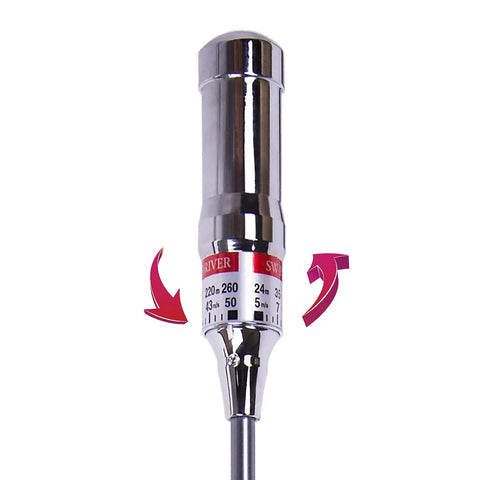 Close-up of Golf Swing Training Aid For Distance, Tempo, Rhythm, And Accuracy with adjustable settings and chrome finish.