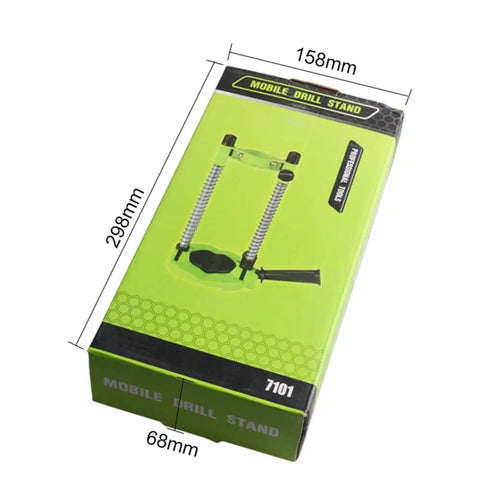 Adjustable Electric Drill Stand With 45 Degree Angle Drill Guide Holder box showing dimensions and product image