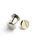Sixty Pack Silver Chicago Screws Hella Tough Three Eighths Inch Flat Head Screw Posts Nickel Plated Metal Rivets showing two screws