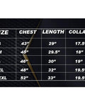 Size chart for Slick Half Sleeve Barber Jacket Zip Front Men Salon Smock Lightweight Black Hairdresser Uniform in various sizes.