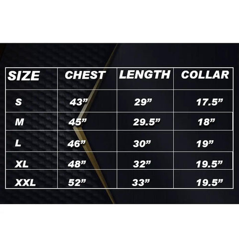 Size chart for Slick Half Sleeve Barber Jacket Zip Front Men Salon Smock Lightweight Black Hairdresser Uniform in various sizes.