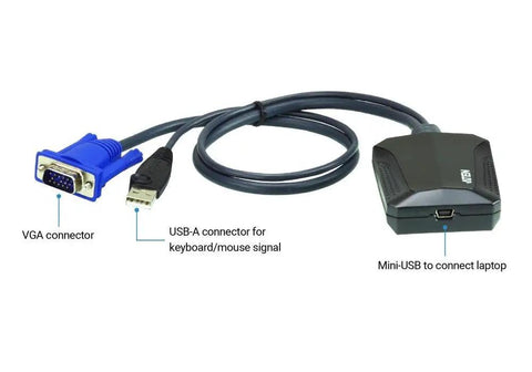 Hassle Free Laptop USB KVM Console Crash Cart Adapter featuring VGA, USB-A, and Mini-USB connectors for seamless connections.