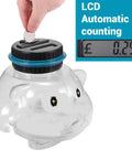 Smart Digital Piggy Bank For Kids And Adults, Clear Pig Shaped Money Jar With LCD Counter, coin being inserted, automatic counting display