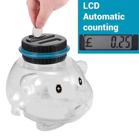 Smart Digital Piggy Bank For Kids And Adults, Clear Pig Shaped Money Jar With LCD Counter, coin being inserted, automatic counting display