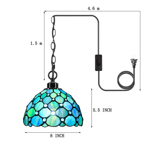 Sea Blue Pearl Tiffany Style Pendant Light Plug In Stained Glass Swag Lamp 8x8x181 Inch Hanging Lamp With 180 Inch Cord UL Listed Bulbs Not Included Perfect For Dining Room And Living Room