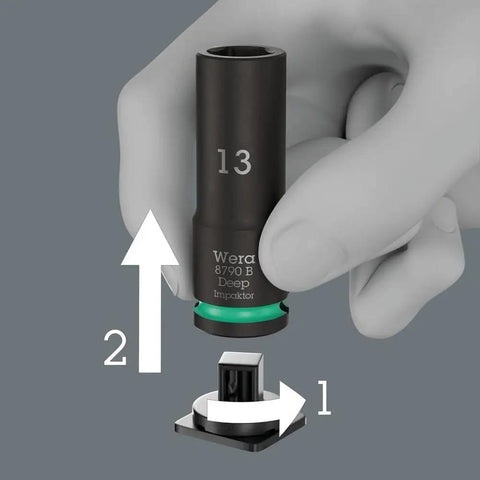Illustration of Long Three Eighths Inch Drive Deep Socket Set Fourteen Piece Impaktor Technology held by a hand with arrows showing movement.