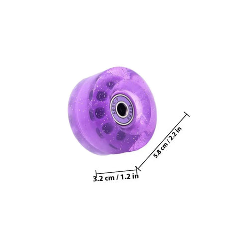 Side view of a Glitter Purple 82A Quad Roller Skate Wheel with size measurements, part of a 4 pack PU replacement set.