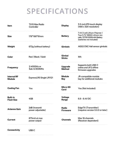 Specifications sheet for 16 Channel ELRS Transmitter With AG02 CNC Hall Gimbals And 3.5 Inch IPS Touchscreen Pro Grade RC Controller