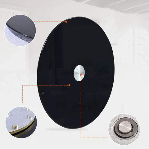 60 To 120 Cm Rotating Tempered Glass Lazy Susan Turntable Black Serving Plate with steel bearings and close-up details.