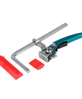 Quick Release Ratchet Track Saw Clamp For Guide Rail Systems And MFT Tables Dead On Precision Workholder with assorted pads.