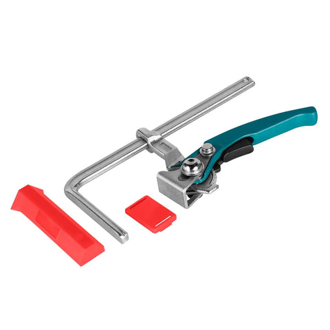 Quick Release Ratchet Track Saw Clamp For Guide Rail Systems And MFT Tables Dead On Precision Workholder with assorted pads.