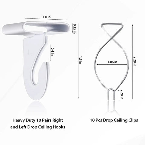 20 Pairs Drop Ceiling Hooks Heavy Duty Aluminum T Bar Hooks for Classrooms and Offices White Ideal for Hanging Plants and Decorations on Suspended Ceiling Tiles with size details