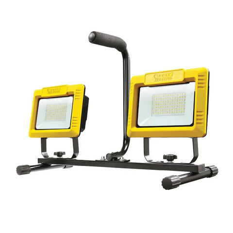 Dual head base of Ultra Bright 120W Portable LED Work Light With Telescoping Tripod Stand featuring yellow casing and handle.
