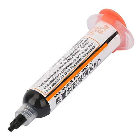 Light Curing Solder Mask Ink In Black For PCB And BGA Repair, UV Cure Solder Resist syringe on white background