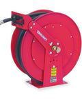Rugged Spring Return Hose Reel Boasting Fifty Foot Fuel Line With One Inch Diameter And Fifty Psi Rating In Bold Red Housing Built Badass Tough For Garage Or Worksites Made In Usa Today.