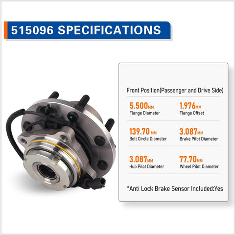 515096 Front Wheel Hub Bearing Assembly for Chevy Tahoe with specifications details, 6 Lug ABS for left or right front position
