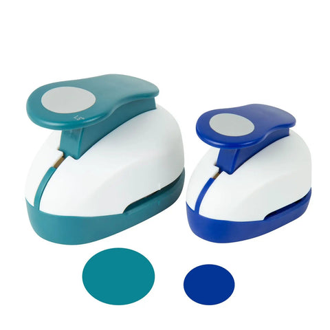2 Piece Circle Cutter Set with 1.5 inch and 1 inch punches for paper crafts, including green and blue circle punches.