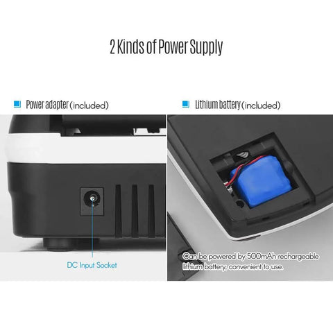 Image of Mini UV Counterfeit Money Detector For USD Euro GBP With UV MG IR Detection showing power supply options.