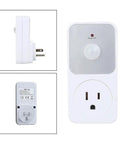 Motion Activated Power Socket Switch With PIR Sensor, 110V Infrared Outlet, 1800W Load Capacity For Garage, Hallway And Indoor Security Lighting, Auto On When Motion Detected, Auto Off After Inactivity, White, side and front views