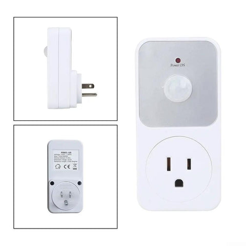 Motion Activated Power Socket Switch With PIR Sensor, 110V Infrared Outlet, 1800W Load Capacity For Garage, Hallway And Indoor Security Lighting, Auto On When Motion Detected, Auto Off After Inactivity, White, side and front views