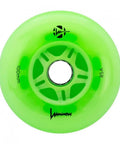 Close-up of a Green Apple Glow Inline Wheel 100mm 85A 3 Pack with LED lights, ideal for smooth gliding and night visibility.