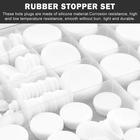 80 Piece Silicone Hole Plugs Kit With 8 Sizes Round Grommets for car, furniture, and office use in white storage box.