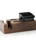 Wooden Espresso Knock Box And Tamper Holder Station With Non Slip Base Fits 58mm Portafilter showing a wooden base and black knock box.