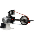 Industrial Workhorse Variable Speed Belt Sander 71 Inch Knife Grinder with three heavy duty wheels, showing motor and sanding belt.