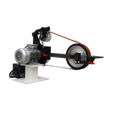 Industrial Workhorse Variable Speed Belt Sander 71 Inch Knife Grinder with three heavy duty wheels, showing motor and sanding belt.