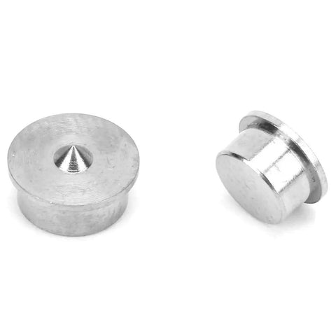 Six Piece Heavy Duty Dowel And Tenon Center Set For Woodworking In Stainless Steel, two dowel centers with marking points visible