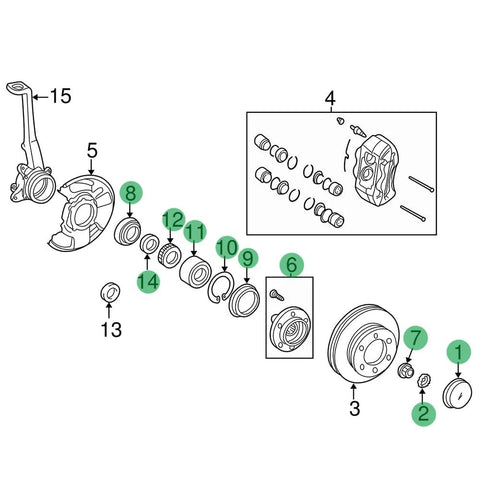 Diagram of Front Wheel Hub Bearing ABS Repair Kit for 4WD Toyota Vehicles, showing parts for 4Runner, Sequoia, Tacoma, and Tundra