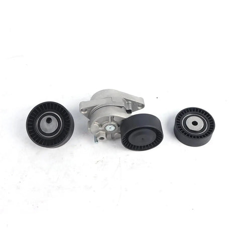 Premium Timing Belt Tensioner Idler Pulley Kit For BMW 3 Series And 5 Series Sedans Like The E46 E53 Models Ensures Rock-Solid Drive Belt Tension To Stop Vibration Noise And Keep Your Engine Running Smooth Under Any Road Condition. BMW timing belt tensioner kit with three black idler pulleys and silver housing