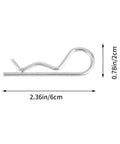 Close-up of a carbon steel R shaped hair pin cotter clip with dimensions, part of 20 Piece R Shaped Hair Pin Cotter Clips kit.