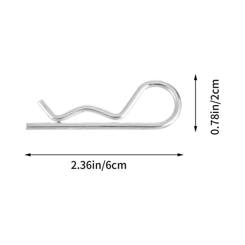 Close-up of a carbon steel R shaped hair pin cotter clip with dimensions, part of 20 Piece R Shaped Hair Pin Cotter Clips kit.