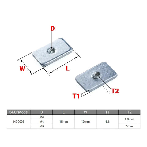 Diagram of Beefy Zinc Plated Tee T Nuts M3 M4 M5 For 20 Series V Slot Aluminum Profiles with measurements