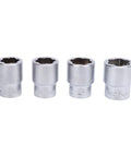 Close-up of four CR MO alloy sockets from the Eleven Piece Three Eighths Inch Drive Impact Extraction Socket Set For Damaged Rusted Rounded Bolts Nuts.