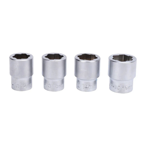 Close-up of four CR MO alloy sockets from the Eleven Piece Three Eighths Inch Drive Impact Extraction Socket Set For Damaged Rusted Rounded Bolts Nuts.