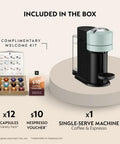 Vertuo Next Coffee And Espresso Maker By De'Longhi Turn Your Kitchen Into A Local Coffee Shop With Fast Heat Up Crema Rich Brew Coffee Or Espresso In One Go Multiple Cup Sizes Sleek Compact Design For Everyday Use on display with box contents, including 12 capsule variety pack and $10 voucher.