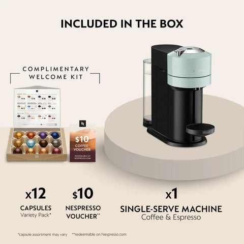 Vertuo Next Coffee And Espresso Maker By De'Longhi Turn Your Kitchen Into A Local Coffee Shop With Fast Heat Up Crema Rich Brew Coffee Or Espresso In One Go Multiple Cup Sizes Sleek Compact Design For Everyday Use on display with box contents, including 12 capsule variety pack and $10 voucher.
